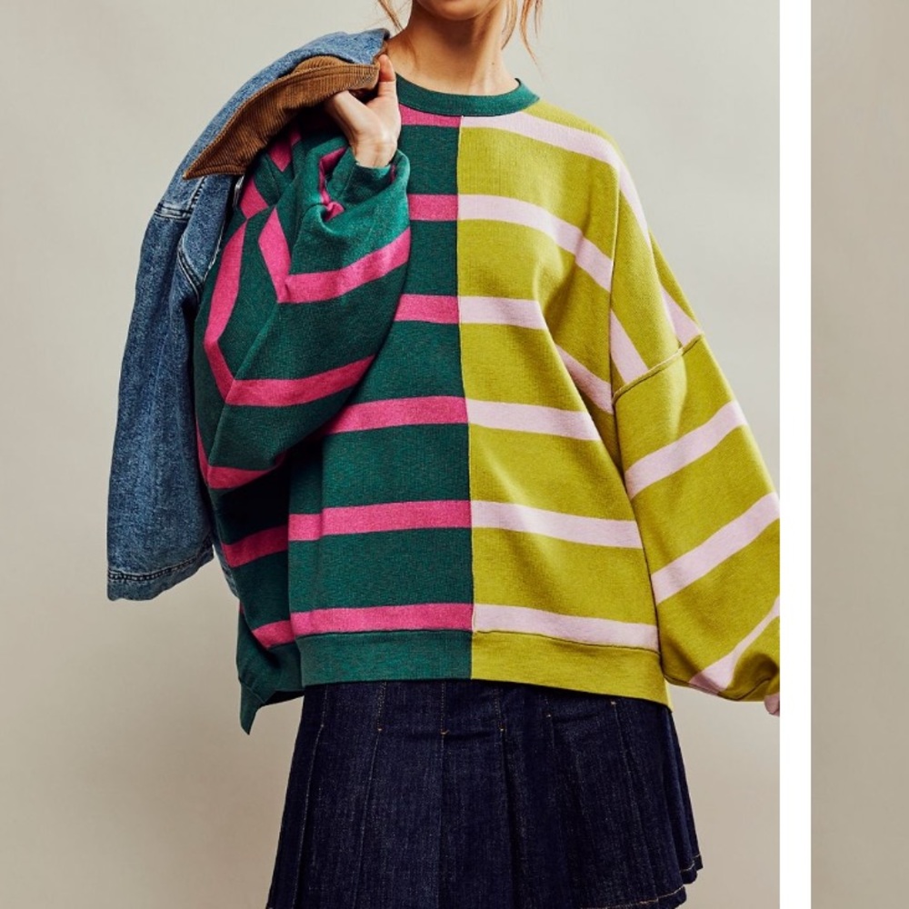 Free People Colorblock Striped Sweater in Green, Pink, Lime